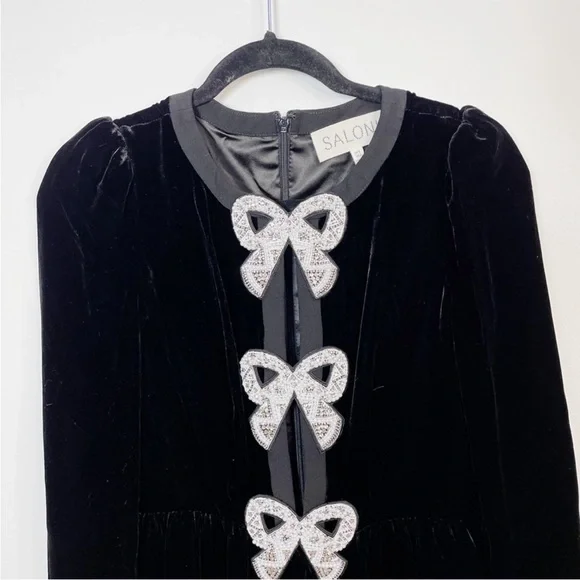 saloni black camille bows mini dress Camille Velvet Embellished Bows Mini Dress in Black SALONI